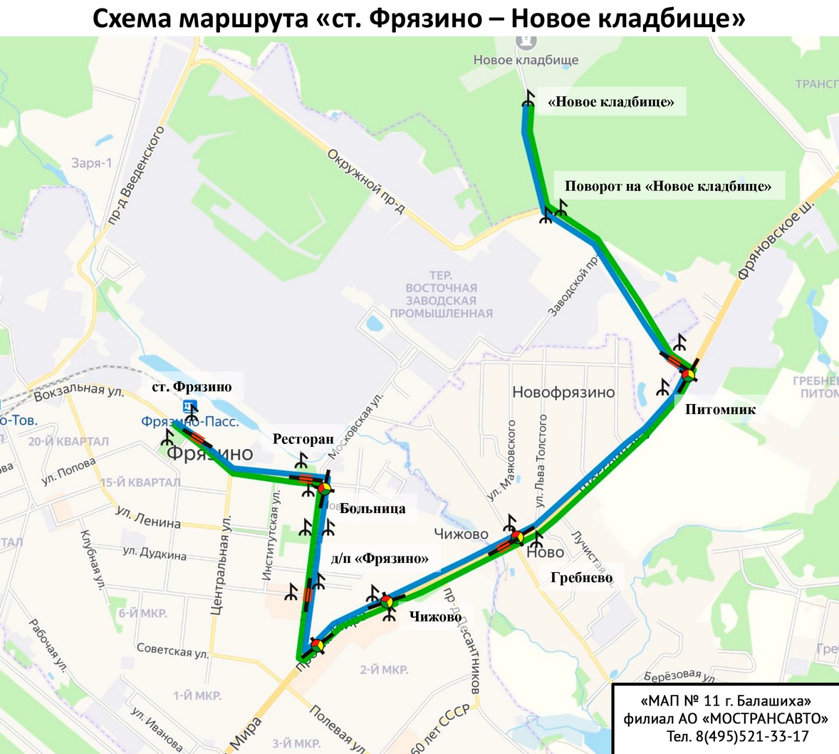 Схема маршрута «ст. Фрязино – Новое кладбище»